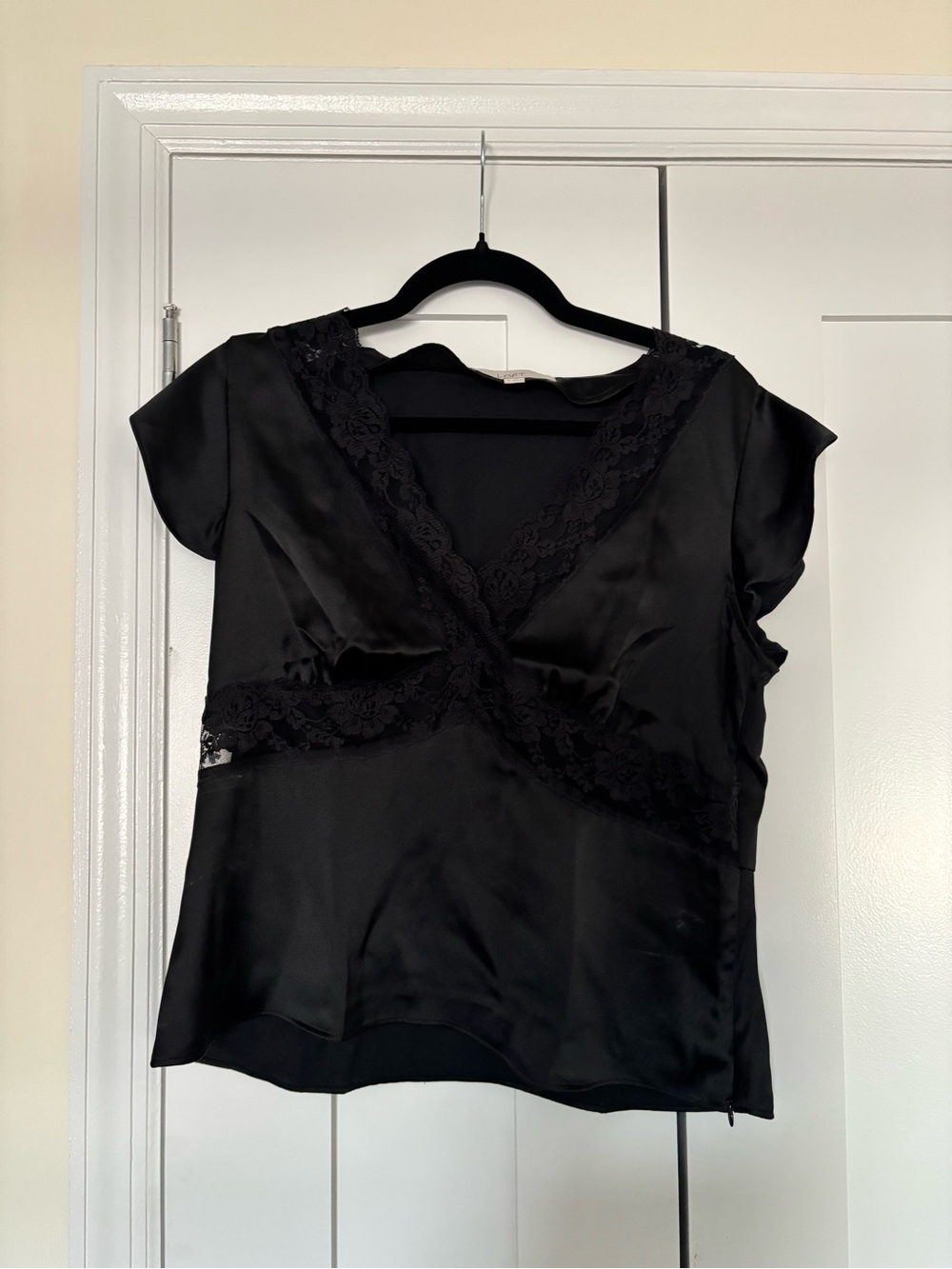 LOFT Black Lace-Trim V-Neck Blouse - Picture 2 of 6